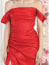May Queen MQ1998 Corset Bone Ruched Bridesmaids Off Shoulder Dress