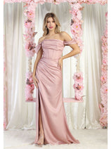 May Queen MQ1998 Corset Bone Ruched Bridesmaids Off Shoulder Dress