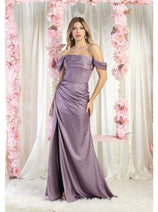 May Queen MQ1998 Corset Bone Ruched Bridesmaids Off Shoulder Dress