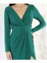 May Queen MQ1999 Long Sleeve Pleated Bodice Formal Evening Simple Gown