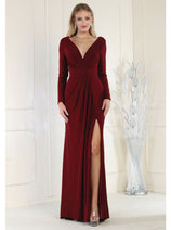 May Queen MQ1999 Long Sleeve Pleated Bodice Formal Evening Simple Gown