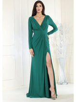 May Queen MQ1999 Long Sleeve Pleated Bodice Formal Evening Simple Gown