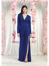 May Queen MQ1999 Long Sleeve Pleated Bodice Formal Evening Simple Gown