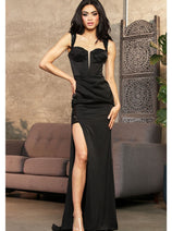 May Queen MQ2001 Sweep Train Corset Bone High Slit Prom Dress