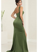May Queen MQ2001 Sweep Train Corset Bone High Slit Prom Dress
