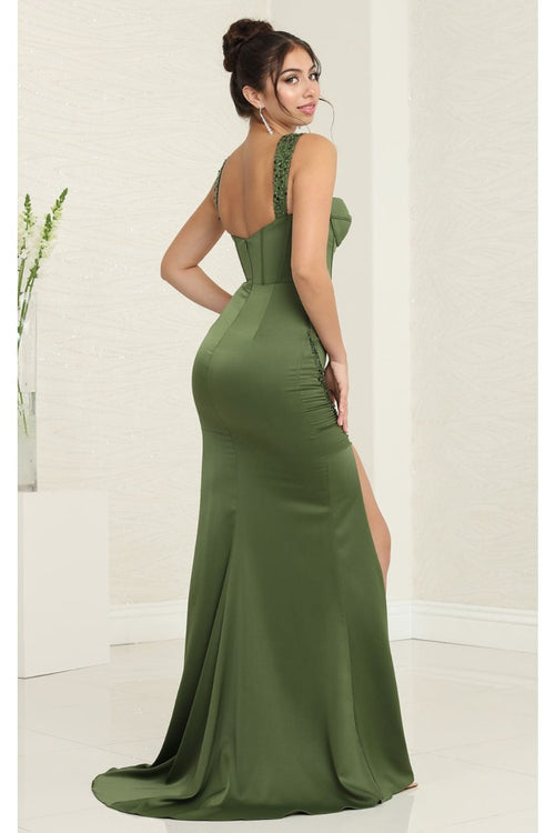 May Queen MQ2001 Sweep Train Corset Bone High Slit Prom Dress