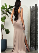 May Queen MQ2001 Sweep Train Corset Bone High Slit Prom Dress