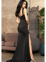 May Queen MQ2001 Sweep Train Corset Bone High Slit Prom Dress