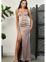 May Queen MQ2001 Sweep Train Corset Bone High Slit Prom Dress