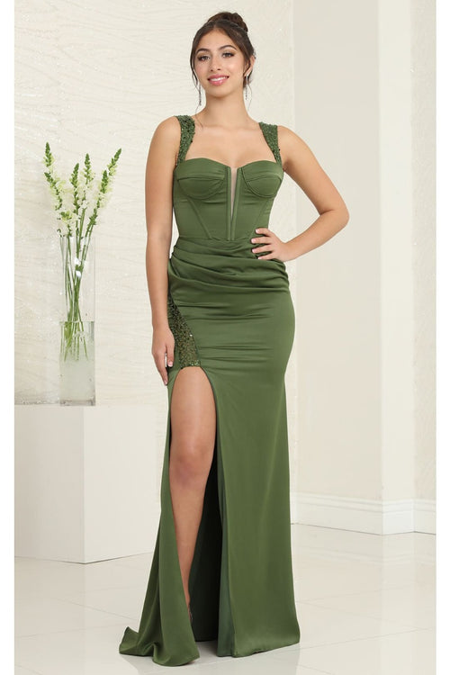 May Queen MQ2001 Sweep Train Corset Bone High Slit Prom Dress - OLIVE / 4