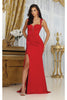 May Queen MQ2001 Sweep Train Corset Bone High Slit Prom Dress - RED / 4 - Dress