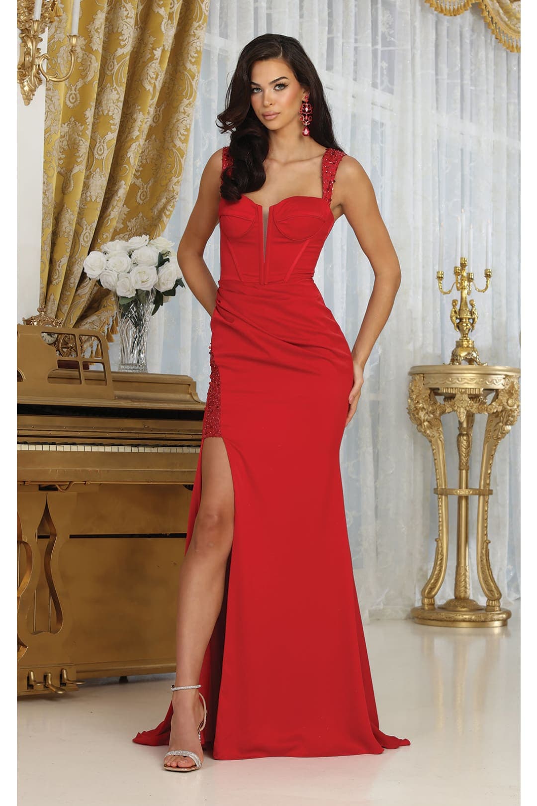 May Queen MQ2001 Sweep Train Corset Bone High Slit Prom Dress - RED / 4 - Dress