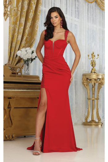 May Queen MQ2001 Sweep Train Corset Bone High Slit Prom Dress - RED / 4 - Dress