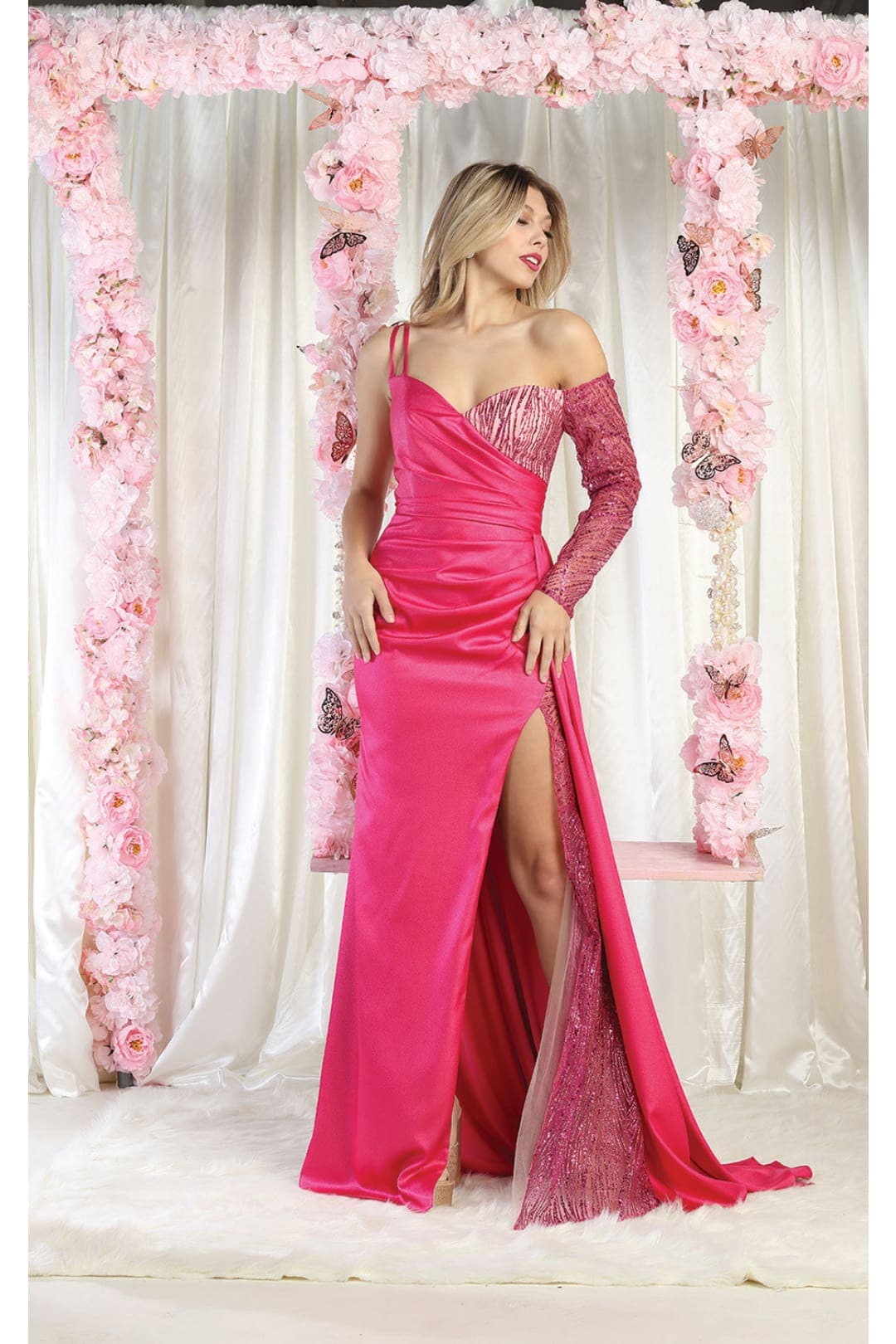 May Queen MQ2003 One Shoulder Embellished Prom Gown - FUCHSIA / 4 - Dress