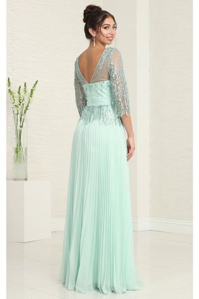 May Queen MQ2007 3/4 Sleeves Rhinestone Beaded Pleated Long Gown - Dress