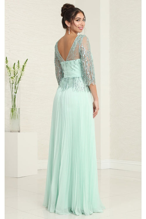 May Queen MQ2007 3/4 Sleeves Rhinestone Beaded Pleated Long Gown - Dress