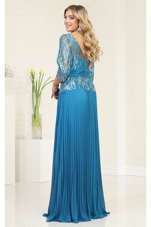May Queen MQ2007 3/4 Sleeves Rhinestone Beaded Pleated Long Gown - Dress