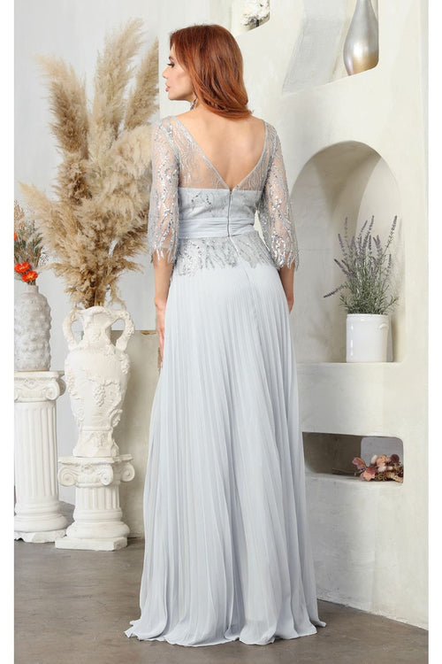 May Queen MQ2007 3/4 Sleeves Rhinestone Beaded Pleated Long Gown - Dress