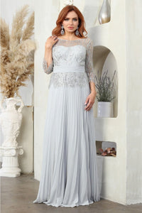 May Queen MQ2007 3/4 Sleeves Rhinestone Beaded Pleated Long Gown - Dress