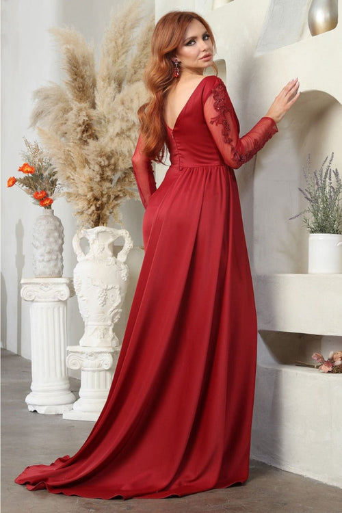 May Queen MQ2008 Beaded Embellished Sheer Long Sleeve Side Sash Dress