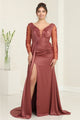 May Queen MQ2008 Beaded Embellished Sheer Long Sleeve Side Sash Dress - BRICK / 6
