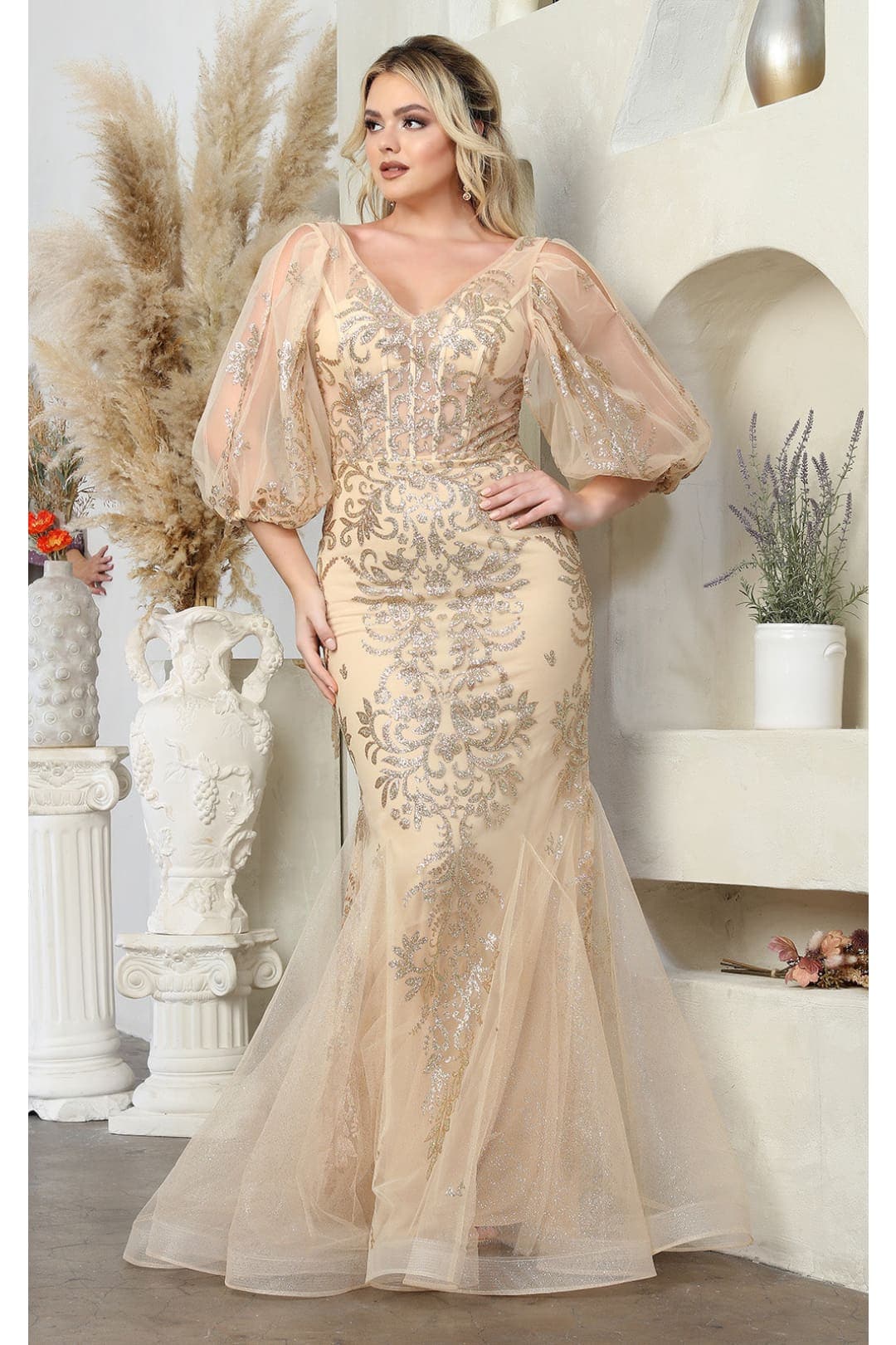May Queen MQ2010 Puff Sleeves Plus Size Mermaid Formal Evening Gown - Dress