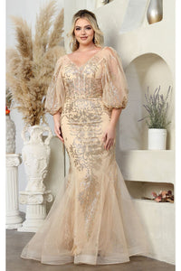 May Queen MQ2010 Puff Sleeves Plus Size Mermaid Formal Evening Gown - GOLD / 4 - Dress