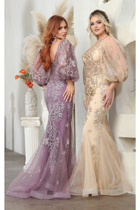 May Queen MQ2010 Puff Sleeves Plus Size Mermaid Formal Evening Gown - MAUVE / 4 - Dress