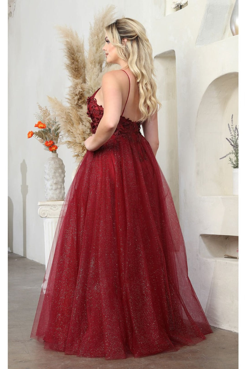 May Queen MQ2011 Spaghetti Strap Floral Embellished Glitter Tulle Gown - Dress