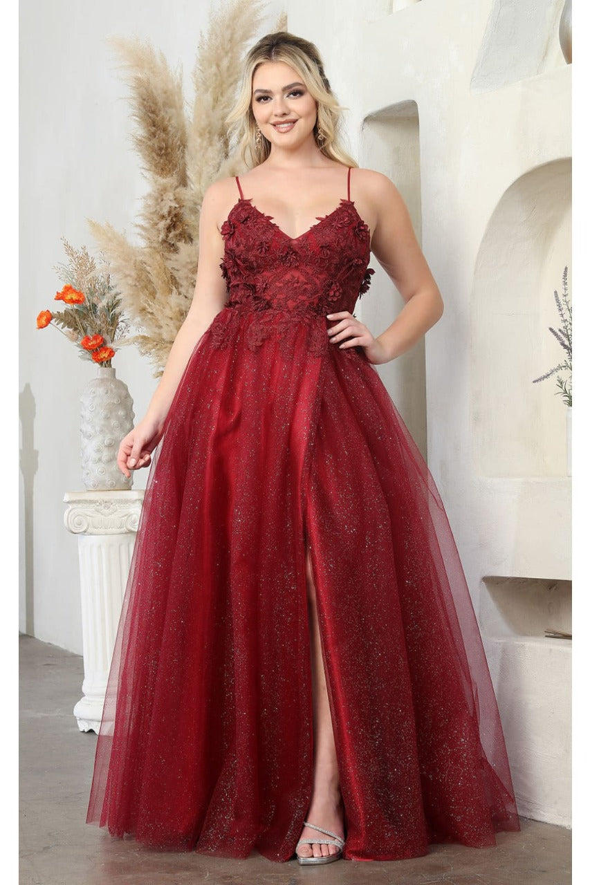 May Queen MQ2011 Spaghetti Strap Floral Embellished Glitter Tulle Gown - Dress