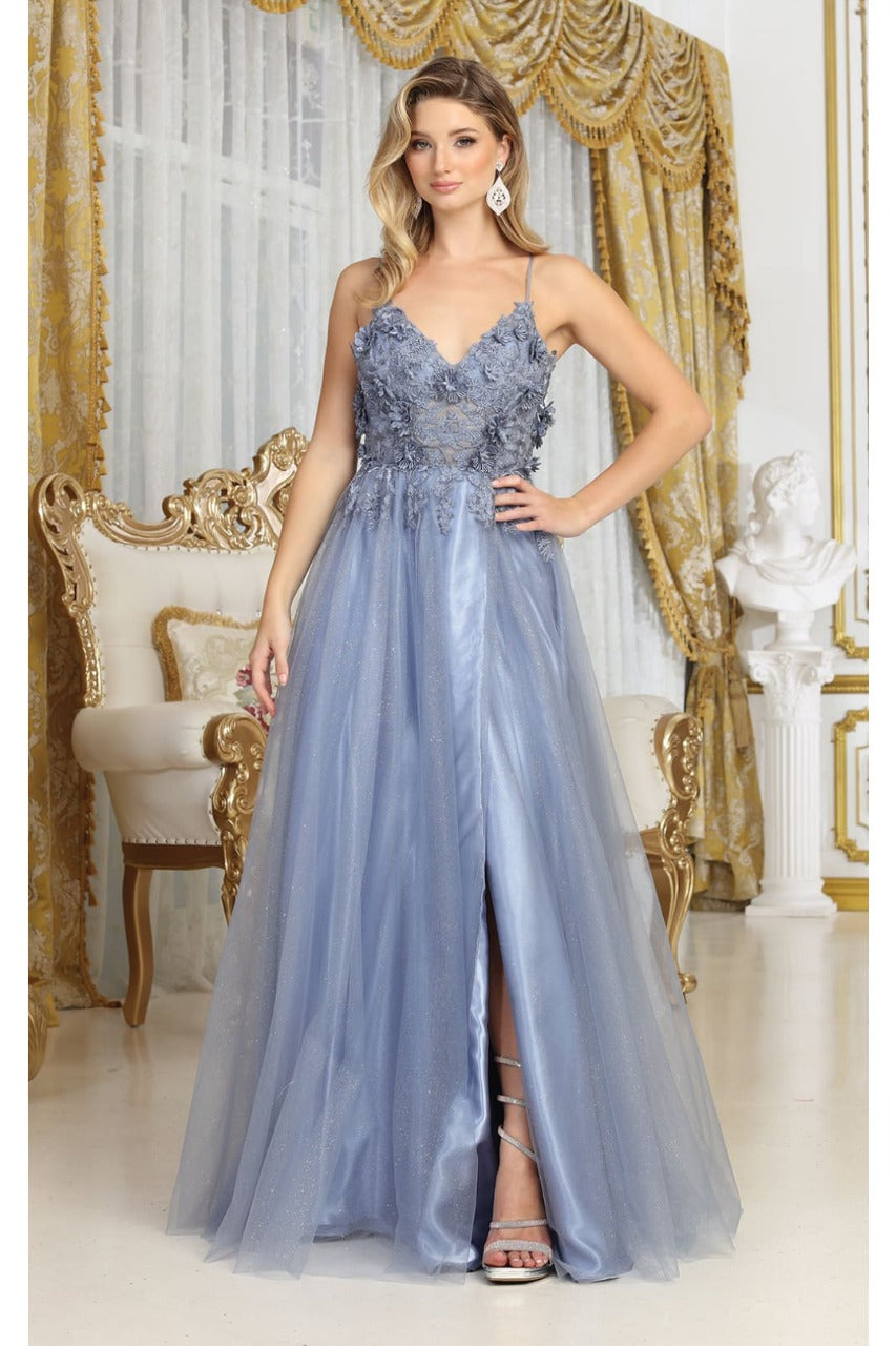 May Queen MQ2011 Spaghetti Strap Floral Embellished Glitter Tulle Gown - Dress