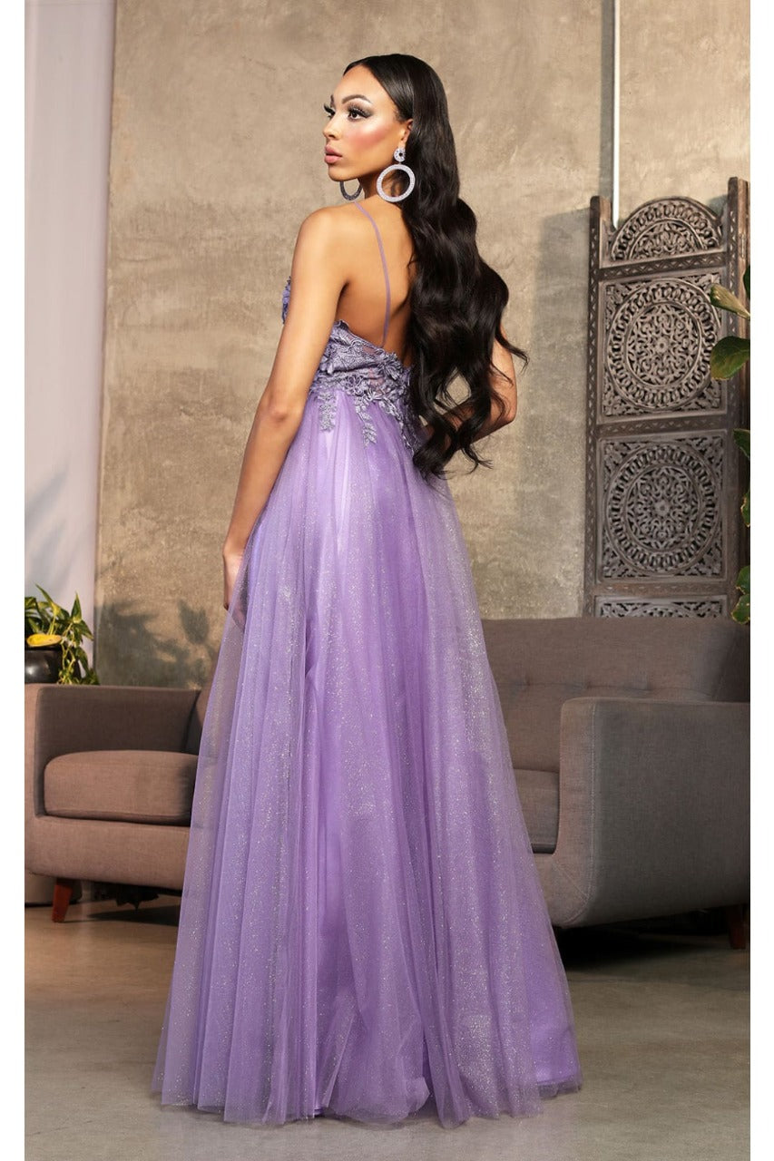 May Queen MQ2011 Spaghetti Strap Floral Embellished Glitter Tulle Gown - Dress