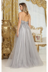 May Queen MQ2011 Spaghetti Strap Floral Embellished Glitter Tulle Gown - Dress