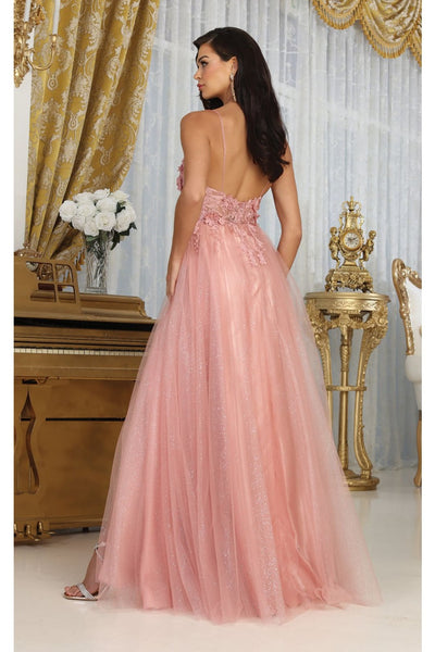 May Queen MQ2011 Spaghetti Strap Floral Embellished Glitter Tulle Gown - Dress