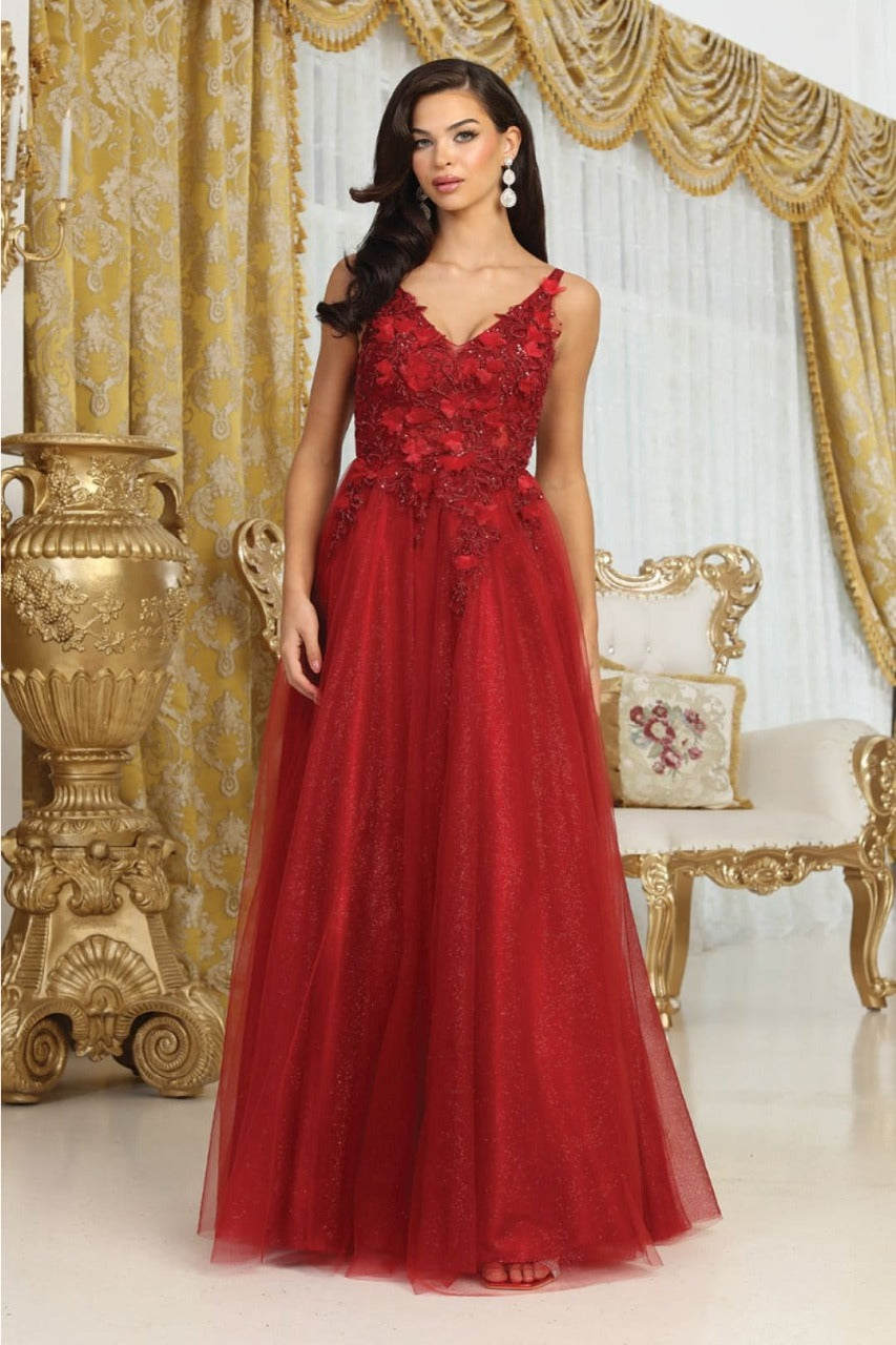 May Queen MQ2015 Sleeveless 3D Floral Embellished Tulle Gown - BURGUNDY / 4 Dress