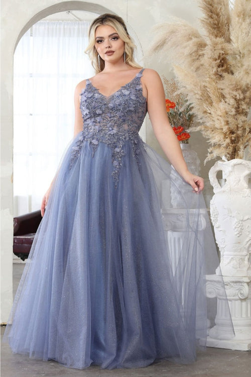 May Queen MQ2015 Sleeveless 3D Floral Embellished Tulle Gown - DUSTY BLUE / 4 Dress
