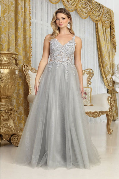 May Queen MQ2015 Sleeveless 3D Floral Embellished Tulle Gown - SILVER / 4 Dress