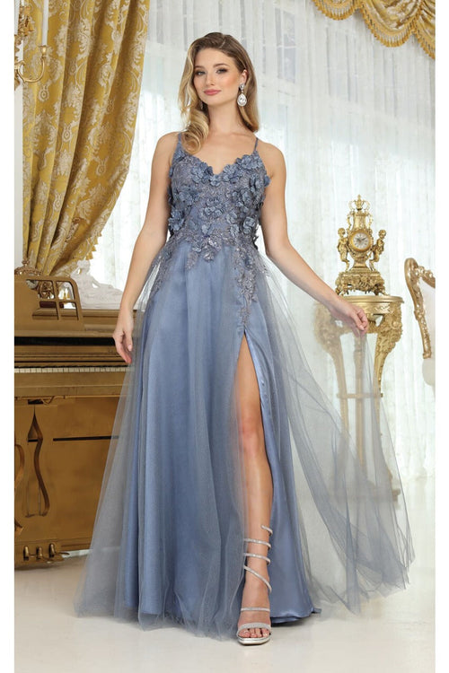 May Queen MQ2016 Sleeveless 3D Floral Embellished Pageant Evening Gown - DUSTY BLUE / 4 - Dress