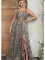 May Queen MQ2017 Floral Glitter Motif Backless Prom Evening Gown