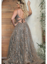 May Queen MQ2017 Floral Glitter Motif Backless Prom Evening Gown
