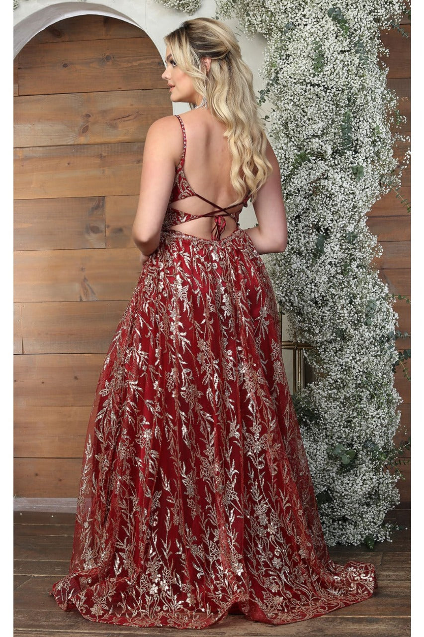 May Queen MQ2017 Floral Glitter Motif Backless Prom Evening Gown - Dress