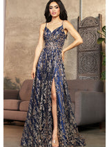 May Queen MQ2017 Floral Glitter Motif Backless Prom Evening Gown