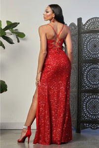 May Queen MQ2020 Sequin Spaghetti Strap Corset Bodice High Slit Gown - Dress