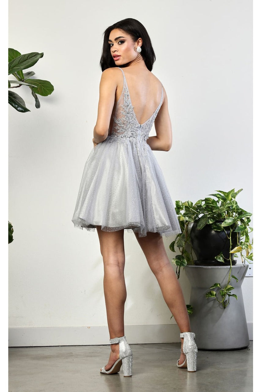 May Queen MQ2025 Lace Appliqued Spaghetti Strap Glitter Hoco Dress - Dress