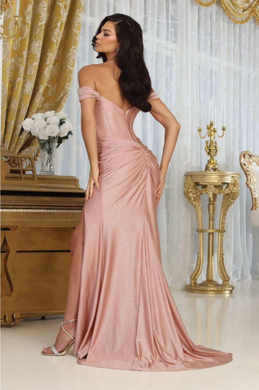 May Queen MQ2027 Glitter Illusion Ruched Back Red Carpet Dress - Dress