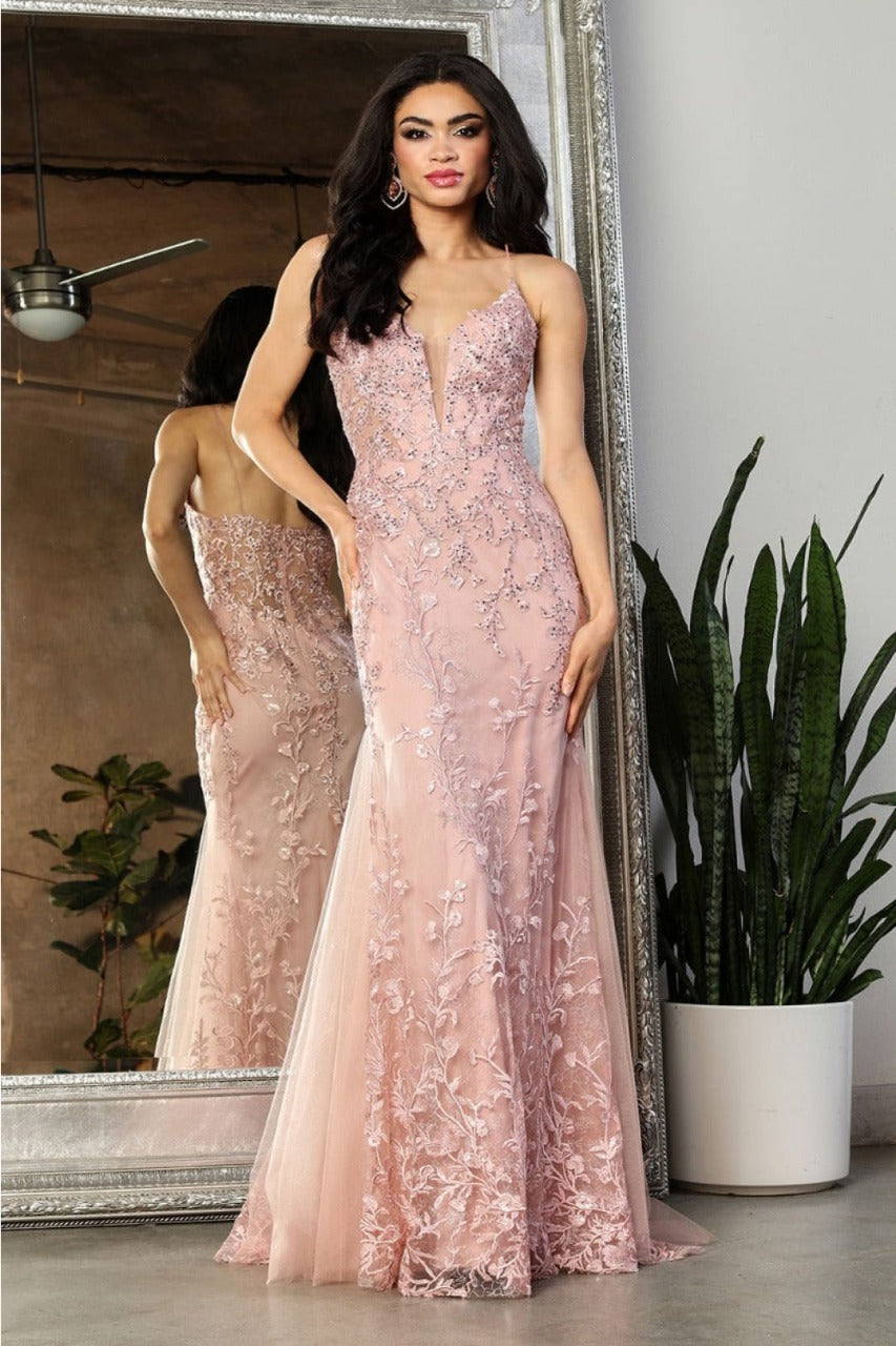 May Queen MQ2030 Sleeveless Sheer V-Neck Prom Dress