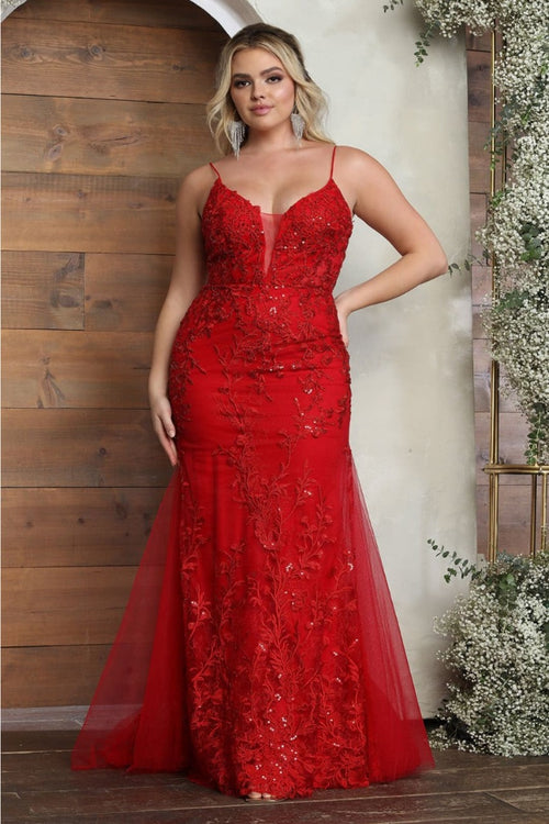 May Queen MQ2030 Sleeveless Sheer V-Neck Prom Dress - RED / 4 - Dress