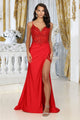 May Queen MQ2032 Spaghetti Strap Embellished Evening Slit Dress - RED / 2 - Dress