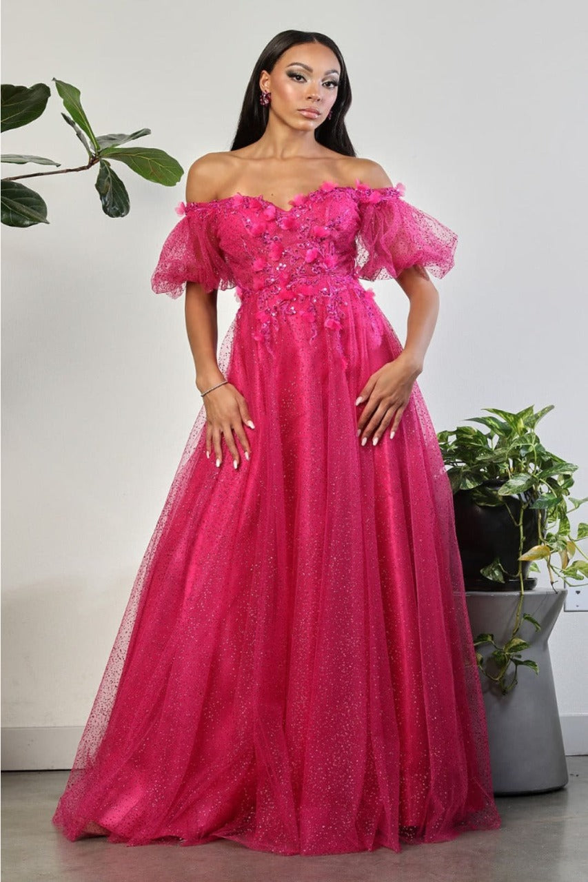 May Queen MQ2033 Sweetheart Puffed Sleeves Gala Long Gown - FUCHSIA / 4 - Dress
