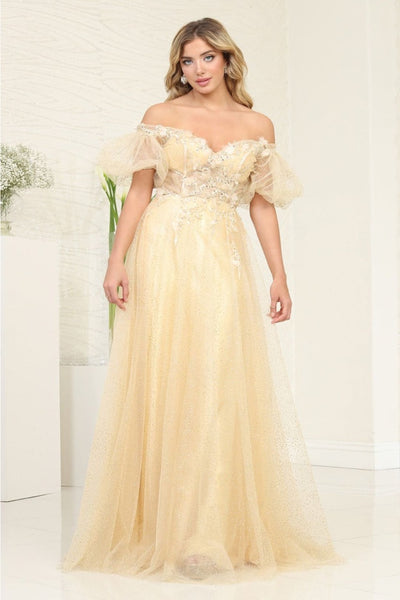 May Queen MQ2033 Sweetheart Puffed Sleeves Gala Long Gown - GOLD / 4 - Dress